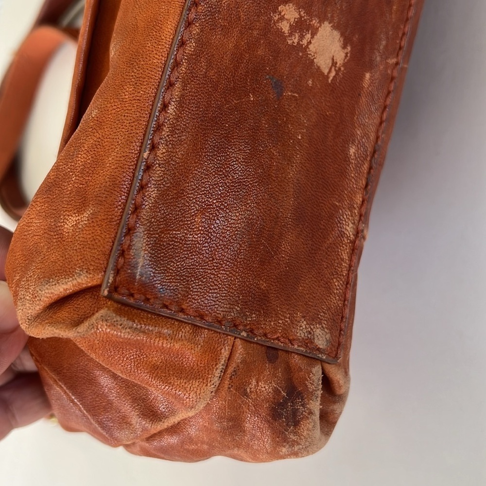 Fossil Vintage Leather Satchel Tote Shoulder Bag Brown Orange Distressed - Picture 5 of 14